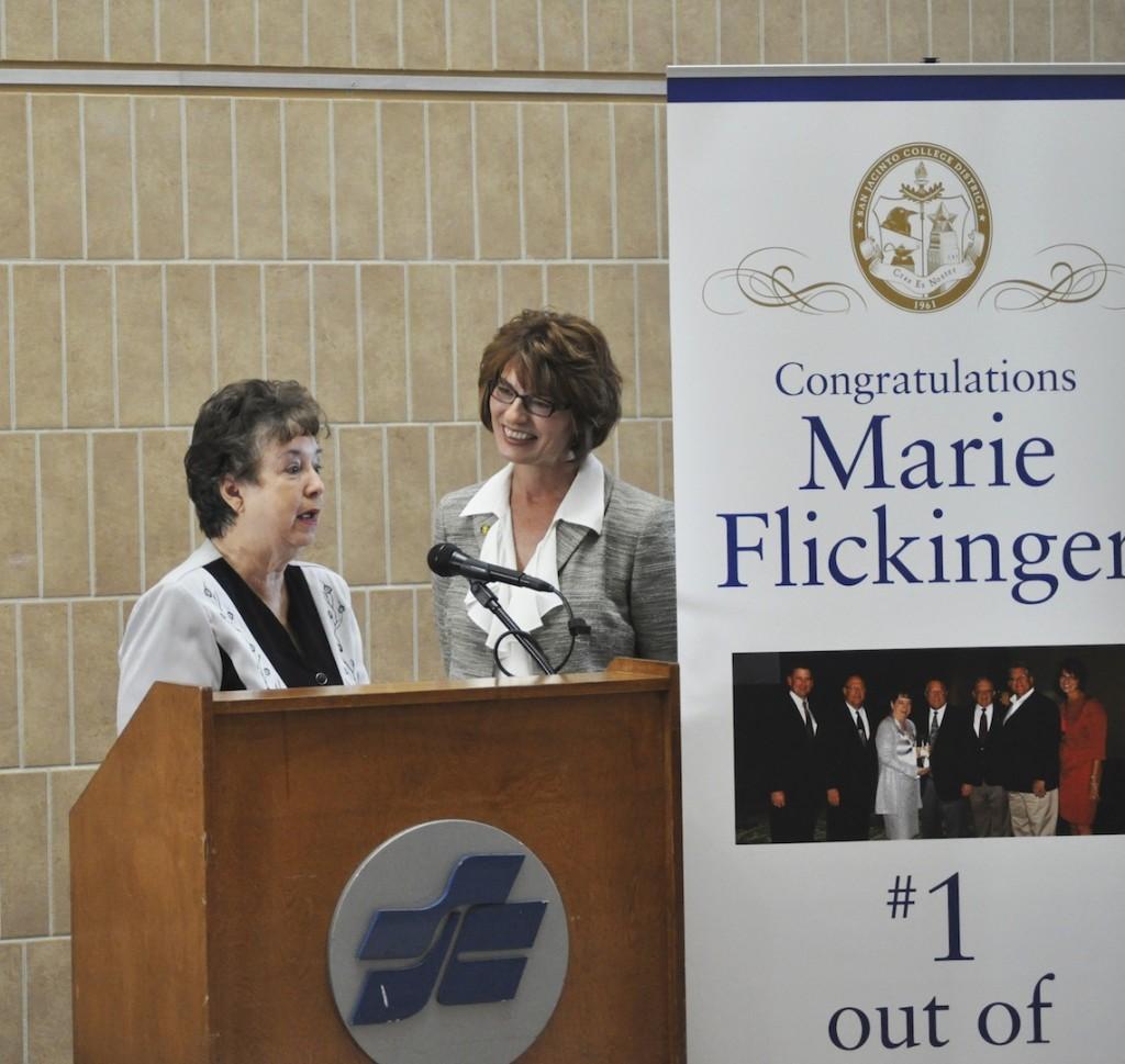 San Jacinto College celebrates Marie Flickingers (left) accomplishment along with Chancellor Hellyer at South campus.