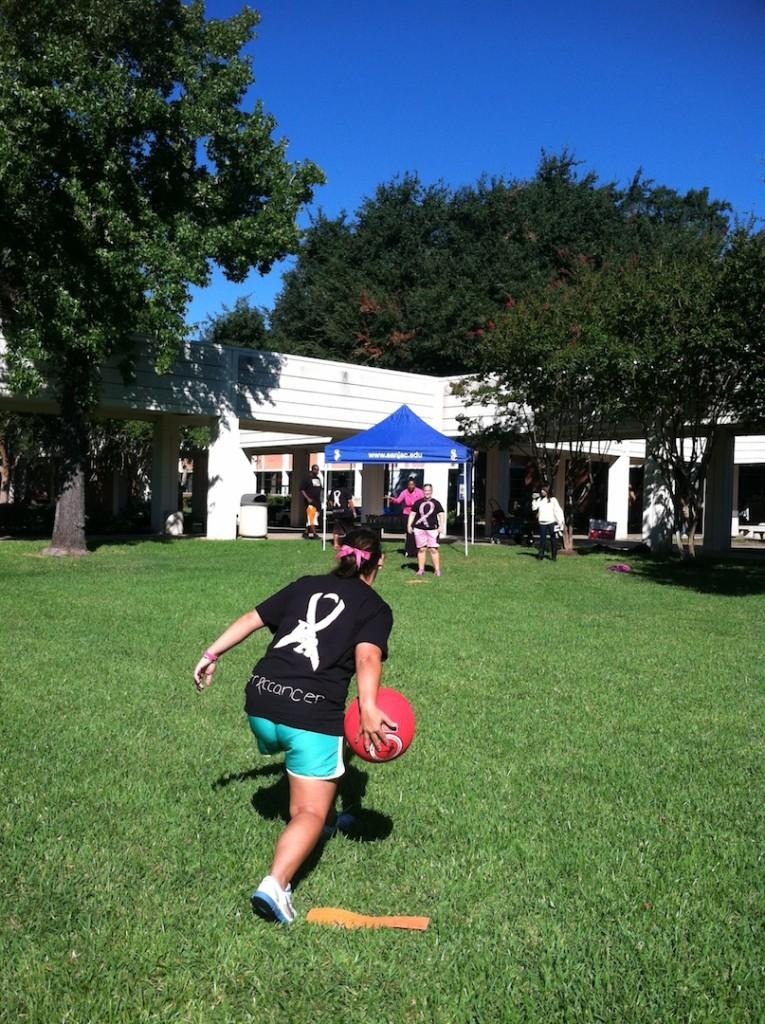 Hannah+Hoffman+pitches+to+Mary+Shelly+during+the+kickball+game.