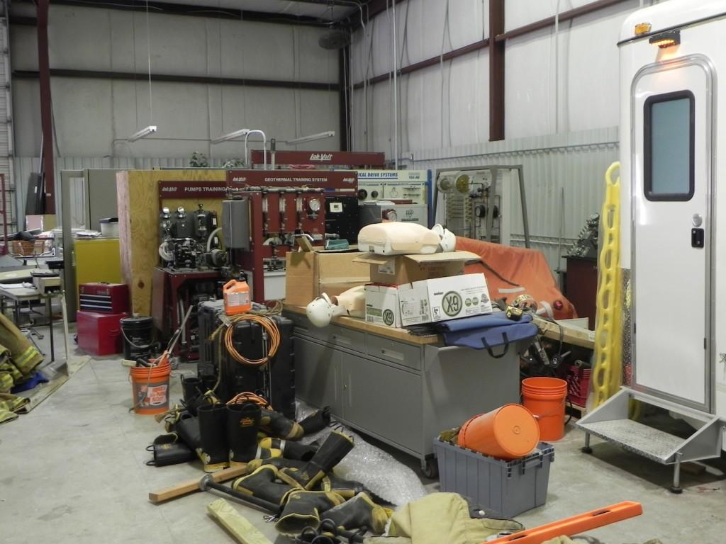 The pile of equipment will eventually outfit the simulator room at the maritime facility at Central campus.