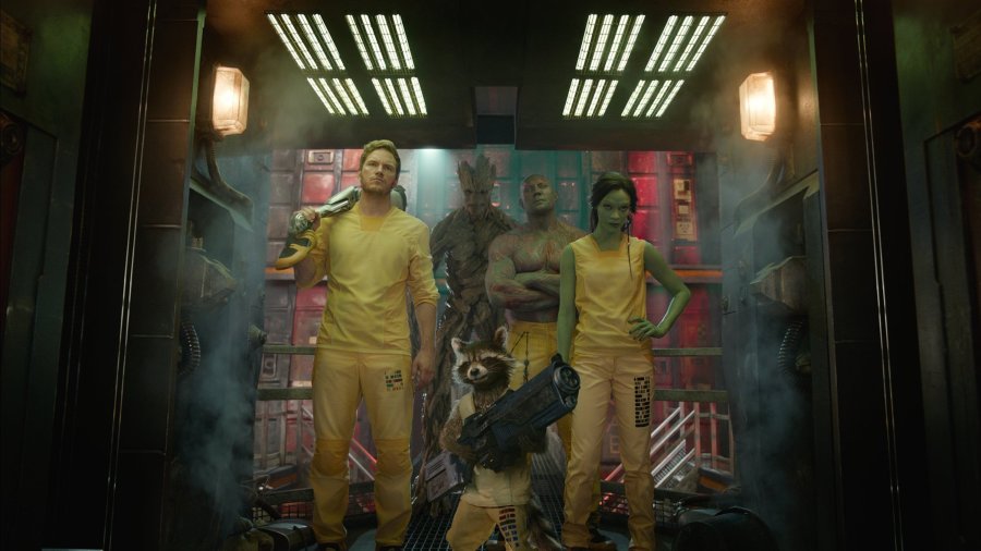 Marvels Guardians of the Galaxy are (from left) Chris Pratt as Star-Lord/Peter Quill, Vin Diesal as Groot, Bradley Cooper as the voice of Rocket Raccoon, Dave Bautista as Drax the Destroyer, and Zoe Saldana as Gamora.