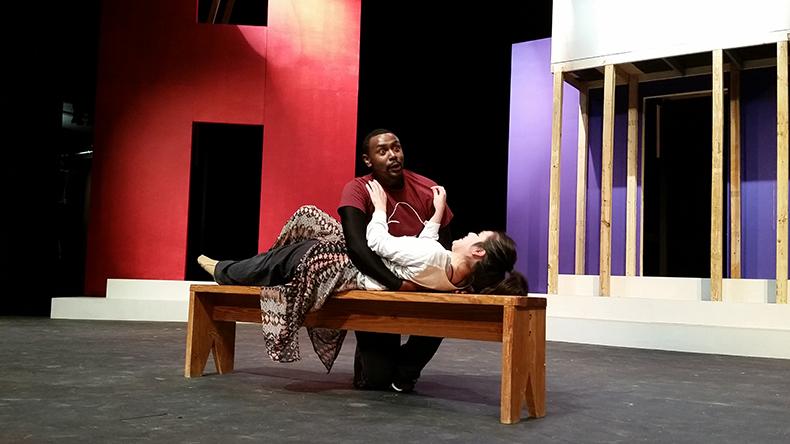 Chad+Promise+%28left%29+embraces+Dayan+Perez+%28right%29+during+rehearsals+for+spring+musical.