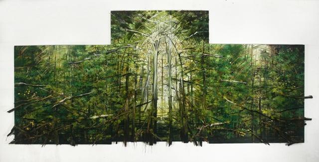 ‘Cathedral Green’ reflects a personal spiritual experience for featured artist Sharon Kopriva (2012, Oil and mixed media on photo canvas, 81 x 186 x 2.5).
