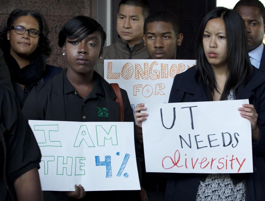 Supporters of the University of Texas demonstrate at the Homer Thornberry Judicial Building during a hearing in Austin on Nov. 13, 2013. Abigail Fisher, a white high school graduate, was turned down by UT. She claimed she lost her spot because of an unconstitutional use of race as a factor.
