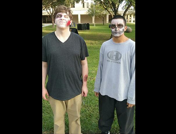 William McAllister (left) and Oscar Puente pose for a photo before participating  in the zombie-inspired competition. The activity aims to help students relieve the stress of rigorous study schedules.