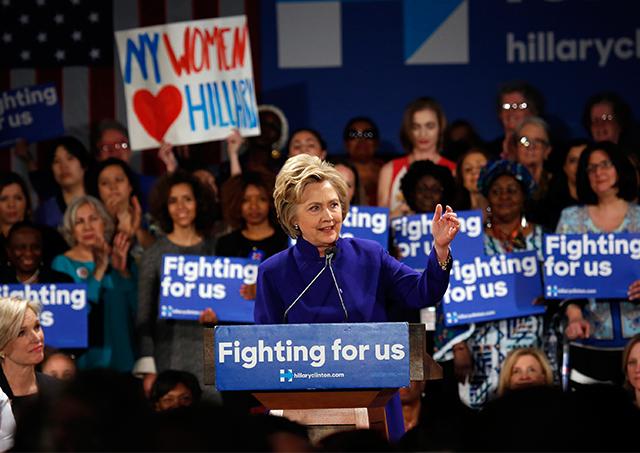 Democratic presidential candidate Hillary Clinton speaks at a rally for women at the Hilton Hotel in Manhattan on April 18. Although leading in votes and delegates, she trails behind rival Bernie Sanders when it comes to support from millennial women.