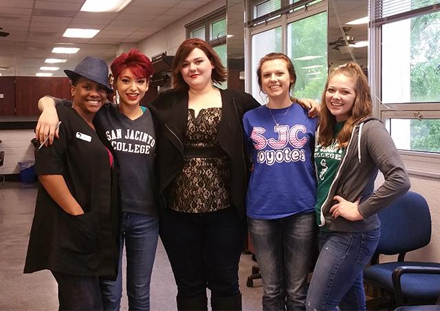 (From left): Student instructor Genell Johnson and students Francesca D’Agostaro, Sarah Dunn, Jordan Kendall, and Shay Yeager will cut hair April 18-20 as part of an event benefitting the Wigs for Kids Foundation. 