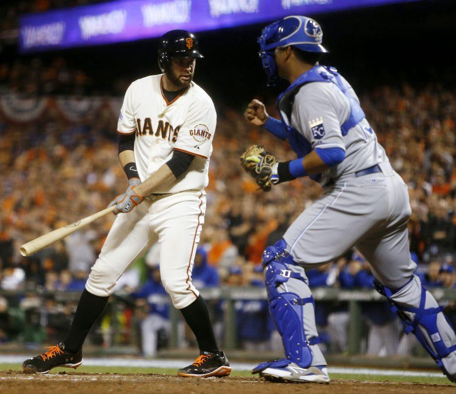Brandon Belt (left) strikes out in the seventh inning against the Kansas City Royals in Game 3 of the 2014 World Series. The Giants shut out the Mets 3-0 Oct. 5 to win the National League Wild Card game and make another run toward the World Series.  