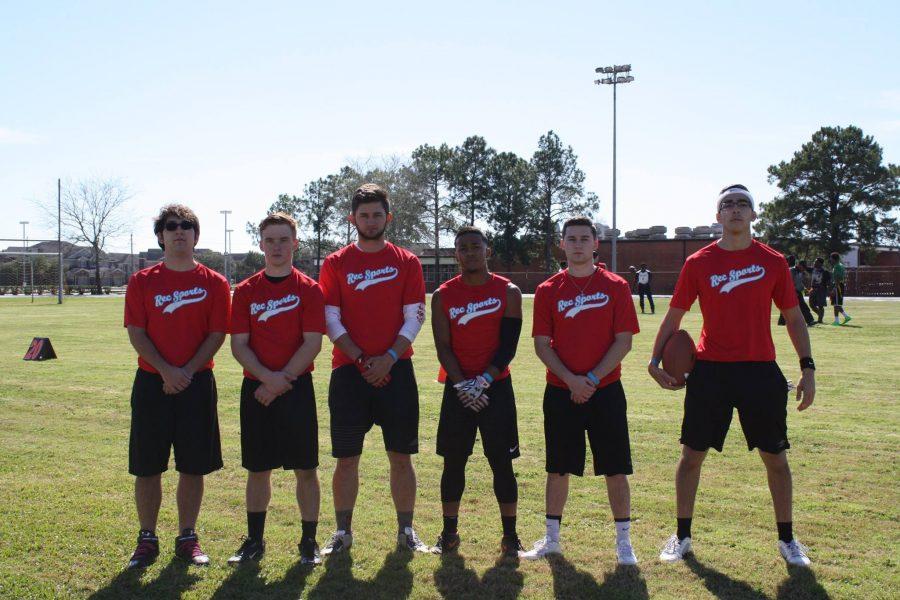 Flag football participants (from left) Travis Hinkel, Ean Christopherson, Chris Story, Diontre Clark, Alec Williams, and Julio Garcia pose for a picture during Sports Day on Oct. 28, 2015. This year’s events include bubble soccer and adaptive basketball.
