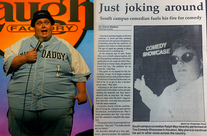 May performs at the Laugh Factory (left) in July 2003 after moving to Los Angeles to pursue his standup career. The San Jacinto Times interviewed the then-unknown comedian for an article appearing in the Times Oct. 8, 1990 issue.