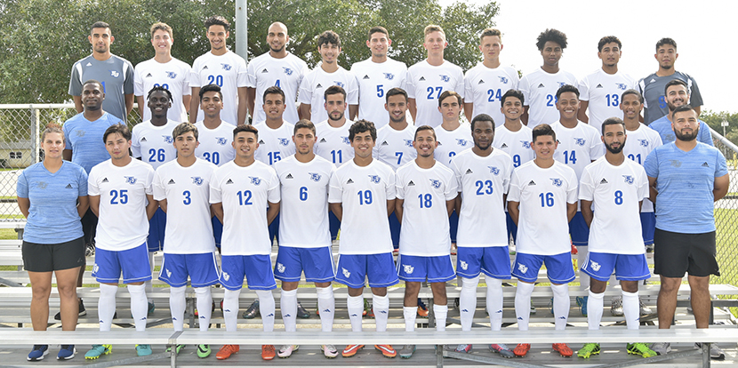 The San Jacinto College Men’s Soccer team is: (front row, from left) Athletic Trainer Carie Mueller, Juan Martinez, Ziggy Nunez, Jose Duarte, Carlos Blasco, Francois Haba, Oscar Hernandez, Jourdaine Fletcher, Julius Williams, Reda Chokaf, Volunteer Assistant Coach Jesse Suarez-Castro. (Second row, from left) Head Coach Ian Spooner, Carlos Valdez, Chris Loza, Ivan Cruz, Diego Vazquez, Heiko Leinwebeer, Luis Bencomo, Ivan Rosales, Carlos Ibarra, Savio Adams, Assistant Coach Pablo Reyes. (Third row, from left) Luis Rodriguez, Bryan Cortes, Ryan Medilah, Yousri Benothame, Omar Pacheco, Oscar Aragon, Philip Pilz, Matthew Porteus, Brandon Salazar, Reyes Vargas, Bryan Tello.
