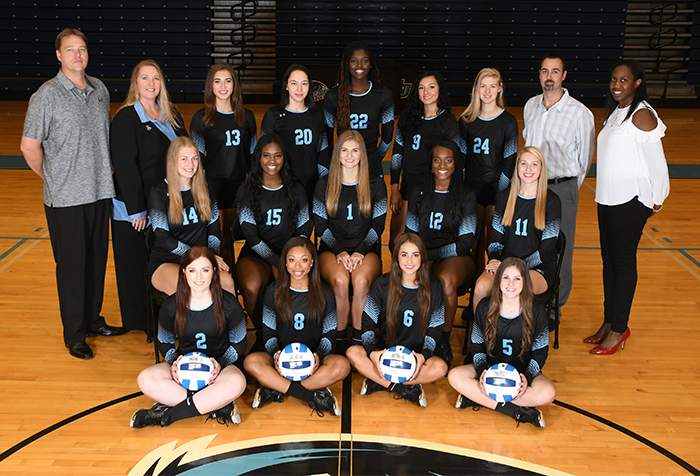 The San Jacinto College Volleyball team is: (Front row, from left) Caitlin Pray, Mir Tillman, Addie Bryant, Bradyn Rice. (Second row, from left) Radka Brichackova, Madison Rhoder, Raven Oates, MarKayla Dickie, Brenna Munsch. (Back row, from left) Athletic Trainer Troy Rabon, Head Coach Sharon Nelson, Margarita Buvinic, Elena Hadzhieva, Savannah Sheridan, Moerani Marie, Haley Nelson, Assistant Coach Jeff Pearce, Student Assistant Jyoti Ruffin.
