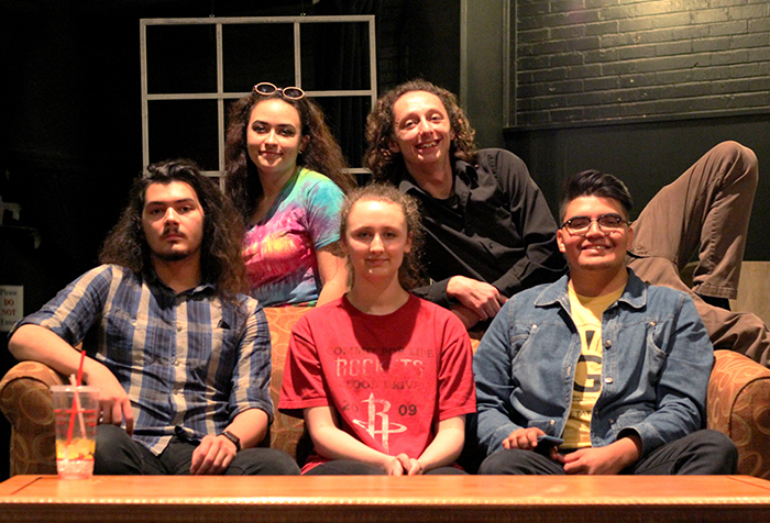(Back row, from left) Stage Manager Caylin Salinas poses with student directors Corey Nance, (front row, from left) Marcus Delzell, Katy Sammarco, and Gerardo Galarza.
