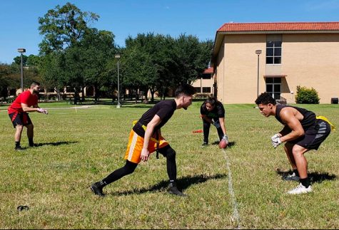 (From left) Willie Escobedo, Bryan Segura, Letty Elizondo, and Jacob Corrigeaux participate in a flag football match as part of the campus’s recreation program.